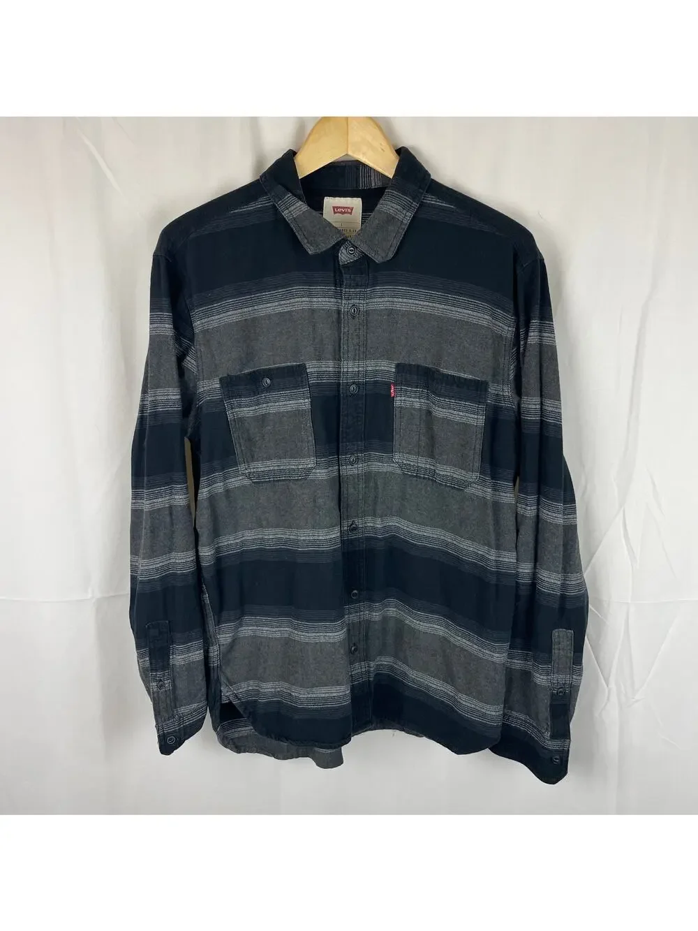Levi's Flannel Button Up Shirt Black Stripes Long Sleeve Acres Men's Size L